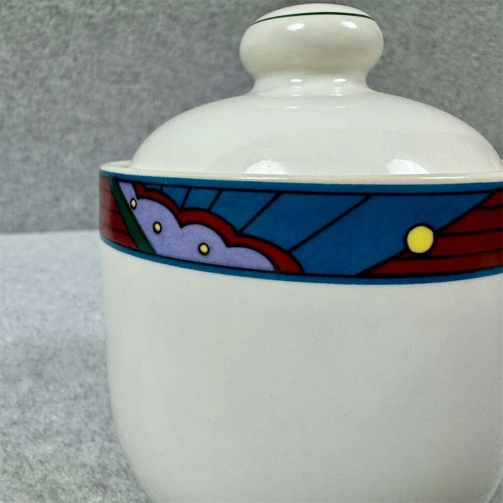 Vitromaster Jazz Sugar Bowl With Lid White Multicolor Geometric Vintage
